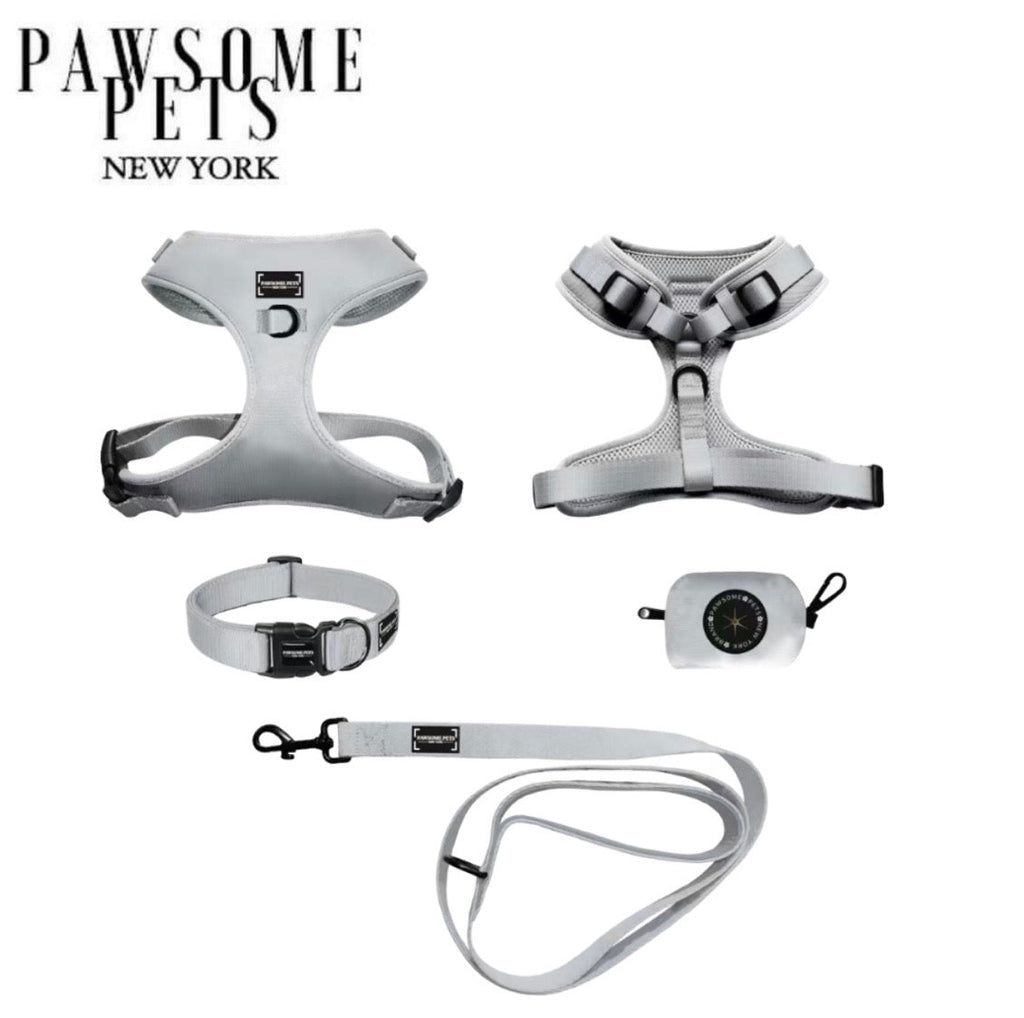 Silver Bundle Dog Walking Set – Harness, Collar, Lead, Bowtie & Poop Bag Holder | Pawsome Pets New York