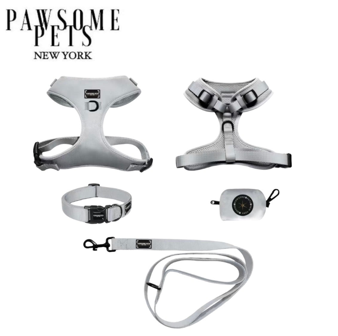 Silver Bundle Dog Walking Set – Harness, Collar, Lead, Bowtie & Poop Bag Holder | Pawsome Pets New York