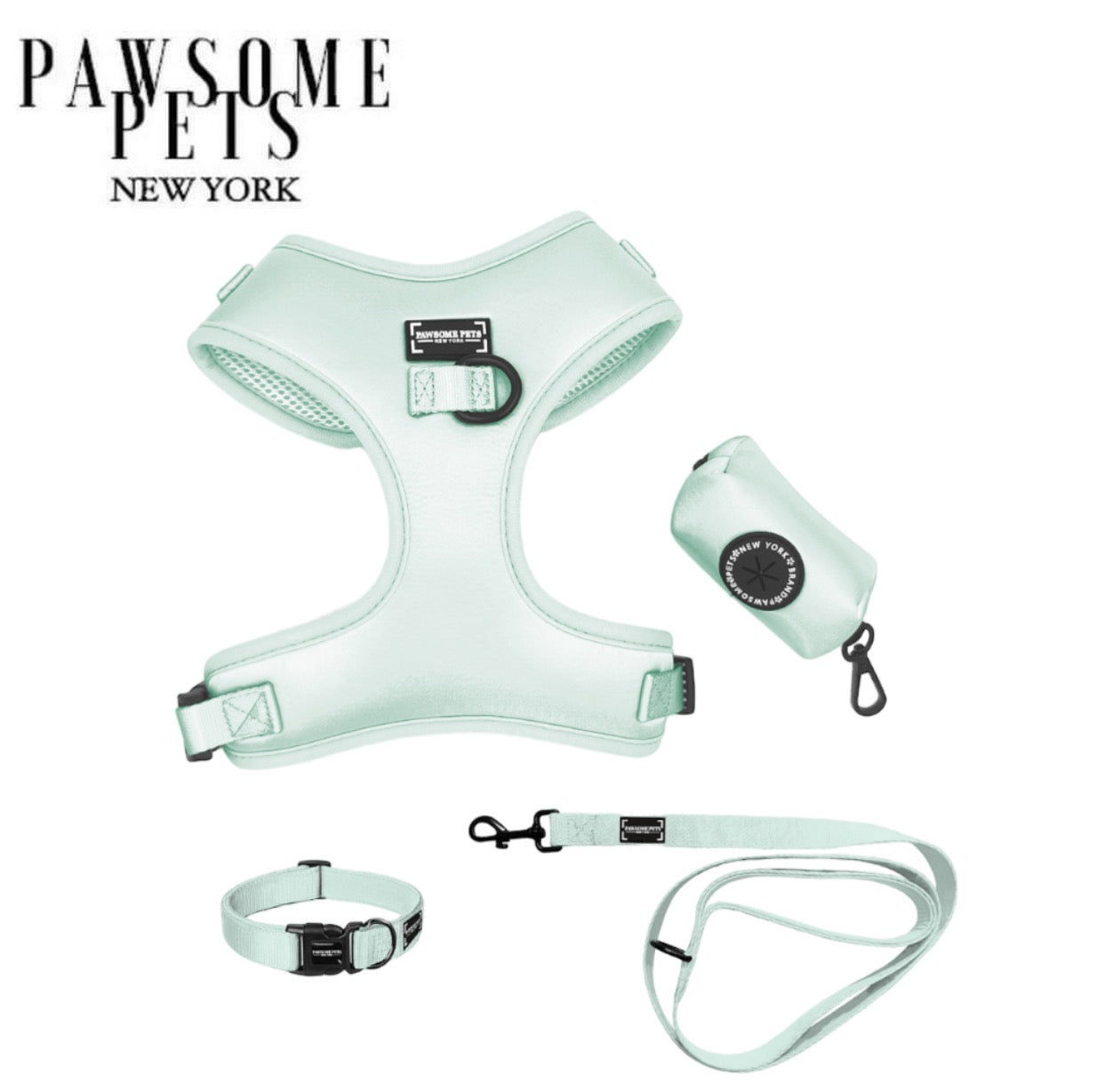 Mint Green Luxury Pet Walking Bundle – Harness, Collar, Lead, Bowtie & Poop Bag Holder | Pawsome Pets