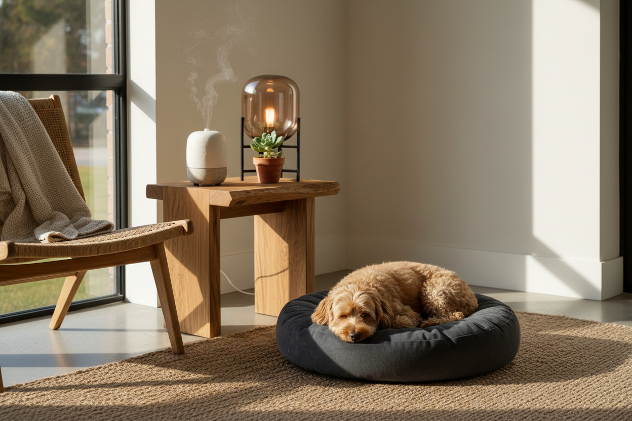 A cozy styled home corner with a diffuser, linen throw, and pet cushion — Cozy Earth Sanctuary Reset
